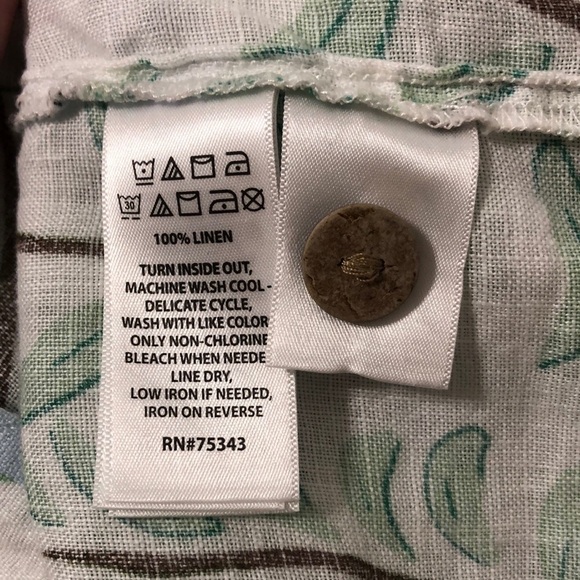 Novelty Blue Bird & Leaf Print 100% Linen Button-up Women's Collared Blouse - Picture 12 of 12